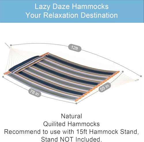 Lazy Daze Hammocks 12 FT Quilted Fabric Double Hammock with Spreader Bars and Detachable Pillow, 450lbs Weight Capacity - color: Forest