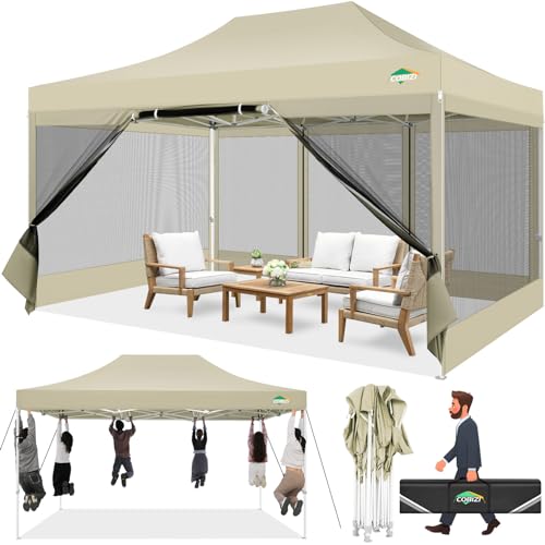 COBIZI 10x15 Heavy Duty Pop up Canopy with 4 Sidewalls, Canopy Tent with Mosquito Netting, Easy up Screen Party Tents for Parties Wedding Patio Backyard Commercial Gazebo with Handbag, Khaki - color: Khaki, size: 10x15ft(standard)
