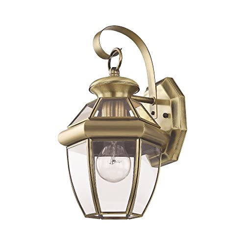 Livex Lighting 2051-01 Monterey 1 Light Outdoor Antique Brass Finish Solid Brass Wall Lantern with Clear Beveled Glass - color: Antique Brass