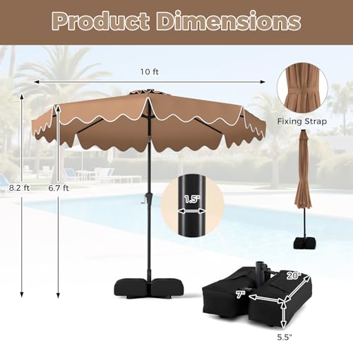 Tangkula 10 FT Solar Patio Umbrella with Base Included, 2-Tiers Outdoor Scalloped Table Umbrella with 32 LED Lights, 2 Sandbags, Tilt Adjustment, Crank, 8 Ribs for Market Backyard Pool Deck Beach Lawn (Coffee, 10 FT) - color: Coffee, size: 10 FT
