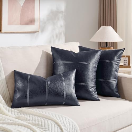 Fancy Homi 2 Packs Navy Blue Lumbar Waterproof Faux Leather Decorative Throw Pillow Covers 12x20 Inch for Outdoor Couch Bed, Modern Farmhouse Boho Home Decor, Blue Hand Stitched Cushion Case 30x50 cm - color: Navy Blue, size: 20" x 12" (Pack of 2)