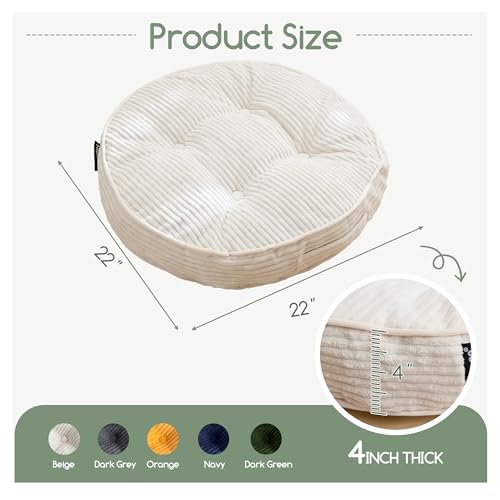 HIGOGOGO Floor Pillow Cushion for Adults, Meditation Cushion Pillow, Large Round Floor Sitting, Tufted Corduroy Cover, for Tatami Living Room or Yoga, 22x22 Inch, 2Pack, Beige - color: Round Beige, size: 4" Thick(pack of 2)