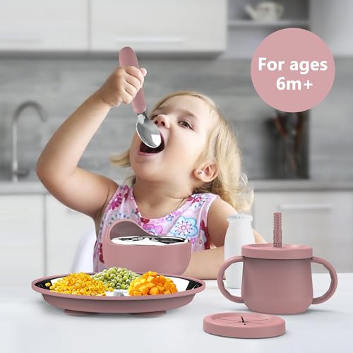 13 Pack Silicone Baby Feeding Set, BPA-Free Stainless Steel Toddler Feeding Supplies, Include Suction Plates, Baby Bowls, Silicone Fork & Spoon, and More, First Stage Baby Dish Set - 6+ Months - color: Pink