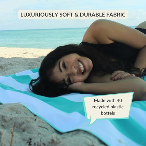 Plush Microfiber Beach Blanket, Extra Large Beach Mat for 3-6 Persons, Sandproof, Windproof | Hole for Umbrella, Corner Sand Pockets to Fight Wind (Bag for Blanket Included) - color: Teal & Stripes, size: X-Large