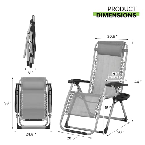 Magshion Zero Gravity Chair with Cushion, Reclining Outdoor Patio Lounge Chair, Folding Indoor Anti Gravity Recliner, Portable Lounger with Removable Cup Holder Side Tray and Pillow Headrest (Grey) - color: Grey