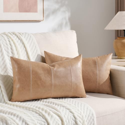 Fancy Homi 2 Packs Tan Long Lumbar Waterproof Faux Leather Decorative Throw Pillow Covers 14x20 Inch for Outdoor Couch Bed, Beige Hand Stitched Cushion Case 35x50 cm, Taupe Modern Farmhouse Home Decor - color: Tan, size: 20" x 14" (Pack of 2)