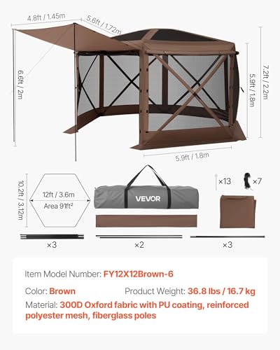 VEVOR Pop up Gazebo Screen Tent, 12 x 12 ft Large 6-Sided Camping Canopy Tent with Removable Top & Carry Bag, Quick-Set & Bite-Proof, Screen House Sun Shelter for 8-10 Persons Backyard Patio, Brown - color: Brown, size: 12 x 12 ft