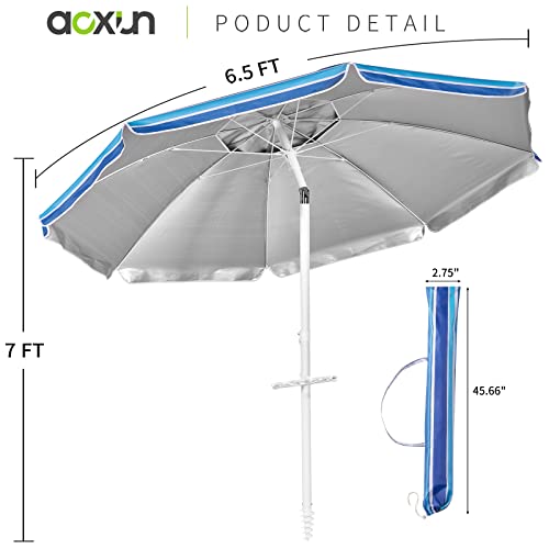 Aoxun 6.5ft Beach Umbrella with Tilt Pole, Portable Sand Anchor and Carry Bag, UPF 50+ Sun Shelter Air Vents Design for Outdoor Activities (Navy Blue & White) - color: Stripe Blue, size: 6.5ft
