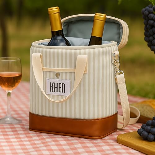 Khen 2 Bottle Wine Bag Carrier Tote - Leakproof & Insulated Padded, Leather Versatile Cooler Bag - Travel, Picnic, BYOB Restaurant, Party, Dinner, Gifts for Lovers, Portable Case, Gift for Men Women