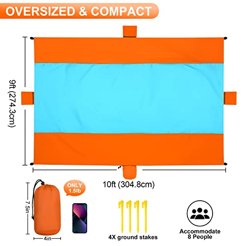 Beach Blanket Waterproof Sandproof Beach Mat 10 x 9ft Extra Large Quick Drying Oversized Lightweight Sand Free Outdoor 120"×108" Picnic Blanket for Vacation Camping Hiking - color: Orange