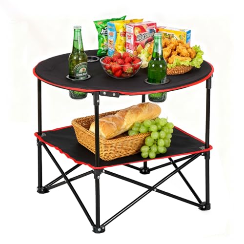 SUPER DEAL Portable Folding Picnic Camping Table with Storage Bag and 4 Cupholders, 2-Tiers Round Outdoor Camping Beach Table, Black