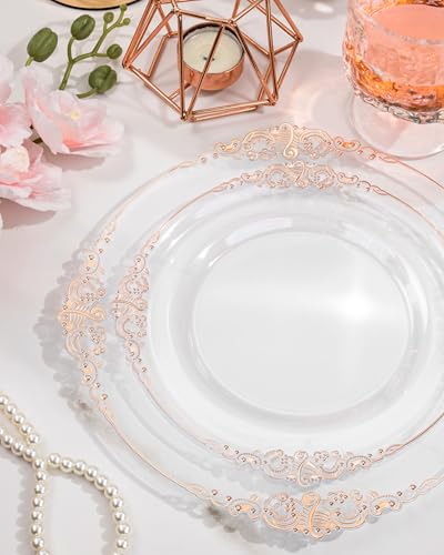 Nervure 350PCS Rose Gold Plastic Plates - Rose Gold Plastic Dinnerware Sets for 50 Guests - 100 Disposable Plates, 150 Silverware, 50 Cups, 50 Napkins Perfect for Wedding & Party & Mothers Day - color: White and Rose Gold