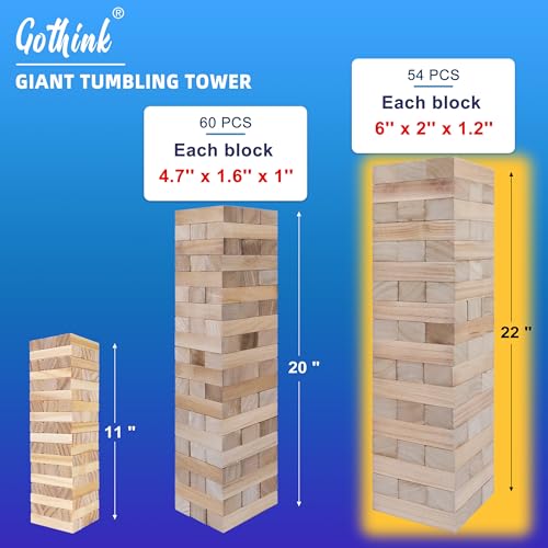 GOTHINK Giant Tumble Tower Game, Large Tumbling Tower Stacking to Over 4 FT 54pcs Wooden Jumbo Blocks for Outside Yard Games with Carry Case Timber Stacking Game Night Toy Gift for Kids Adults Family - size: L-over 4ft
