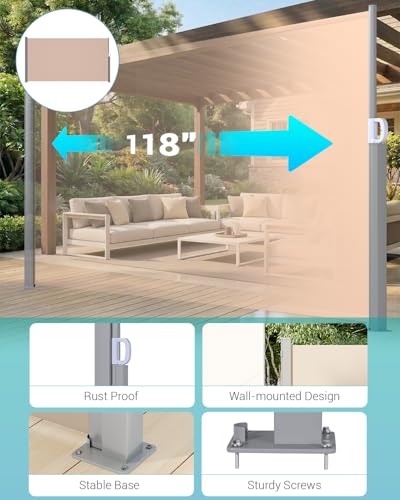 U-MAX Retractable Side Awning, 118"x 71" Outdoor Side Awning, Folding Privacy Screen, 180g/㎡ Premium Polyester Fabric Room Divider for Patio, Garden and Terrace, Beige - color: Beige, size: 118"x 71"