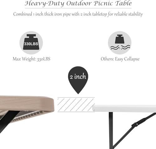 MEDIMALL Portable Picnic Table With Benches, Plastic Bench Set With Metal Frame & All Weather Tabletop, Large Camping Table for Outdoors, Backyard, Garden (Gray) - color: Grey