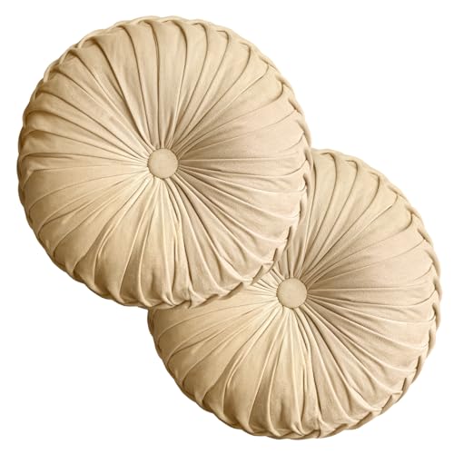 Teieas 2 Pcs Round Throw Pillows Decorative Pumpkin Velvet Boho Pleated Bed Pillows Back Support for Couch Chair Dorm Car 14.96'' (Apricot) - color: Apricot