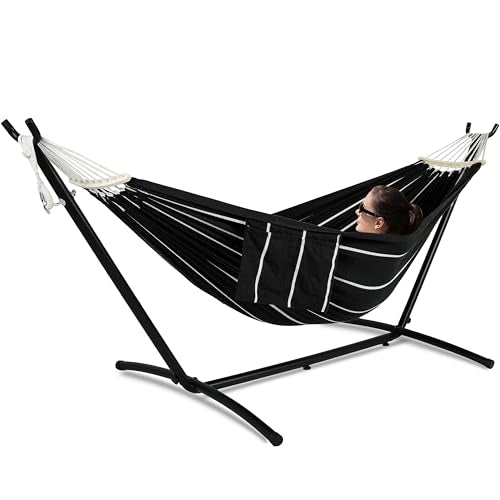 GAFETE Double Hammock with Stand for Outside, Upgraded Spreader Bar, Heavy Duty Space Saving Steel Stand 2 Person, Side Pockets, Easy Assembly, 600lbs Weight Capacity, Indoor & Outdoor (Darkness) - color: Darkness