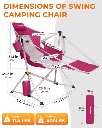 KingCamp Hammock Chair with Footrest – Heavy Duty Swinging Rocking Camping Chairs for Adults up to 400lbs, Folding Portable Oversized Rocker with Cup Holder & Pillow for Outdoor Beach Lawn RV Sports - color: Footrest Deluxe Hot Pink