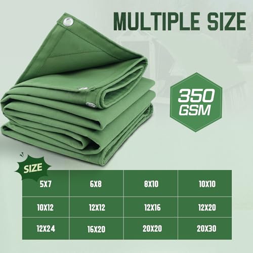 12x24 Heavy Duty Canvas Tarp, 350 GSM Canvas Tarp with Grommets, 12oz UV & Water Resistant Multipurpose Tarpaulin for Camping, Canopy Tent, Roof, Woodpile, Trailer Equipment, Olive Drab - size: 12x24