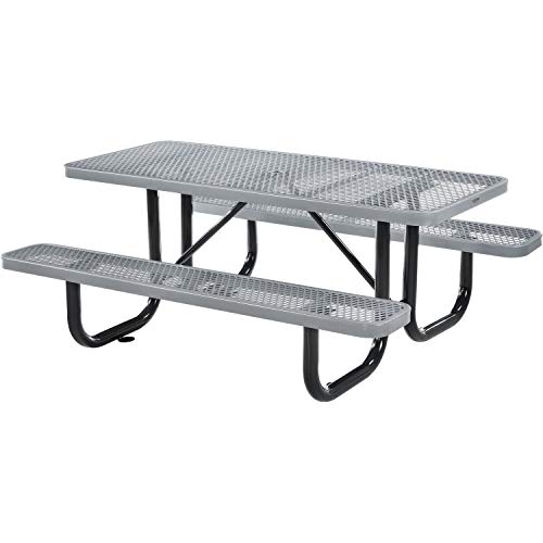 Global Industrial 6’L Rectangular Picnic Table, Expanded Metal, Gray Thermoplastic Coating, Attached Benches, 1-1/2” Umbrella Pole Hole, Outdoor-Rated, 1000 lb Capacity, 72” x 30” Tabletop - color: Grey