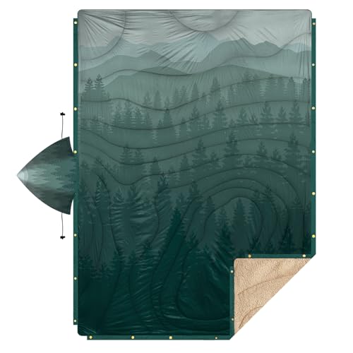 Outdoor Camping Blanket with Sherpa Lining, Extra Warm Thick Camp Blankets and Puffy Ultralight Soft Poncho DWR Camping Quilt for Cold Weather, Adventure, Sleeping, Backpacking 78"x 56" - color: Hooded - Pale Green, size: 78 x 56 inches
