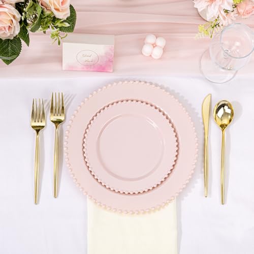 U-QE 60PCS Pink Plastic Plates - Heavy Duty Beaded Pink Disposable Plates for Mothers Day, Party, Baby Shower, Wedding - Serving 30 Guests Include 30PCS 10inch Dinner Plate & 30PCS 7inch Dessert Plate - color: Pink