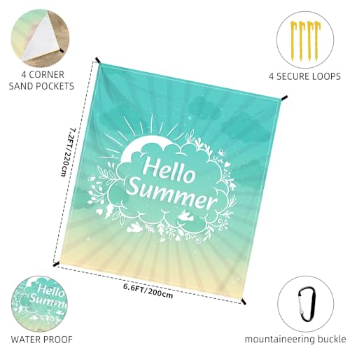 Beach Blanket Waterproof Sandproof Oversized Extra 79 * 88inch Sand Free Beach Mat with Stakes, Storage Bag - Essentials for Outdoor Beach, Picnic,Quick Drying Durable - color: Hellosummel, size: 6.6x7.2 FT (1～4 Person)