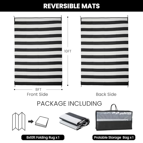 Outdoor Rug 8 x 10 ft, Reversible Plastic Straw Rug for Patio, Waterproof Large Outdoor Carpet for RV, Patio, Camping, Backyard, Deck, Picnic, Beach, Black & White - color: Black/White, size: 8'x10'