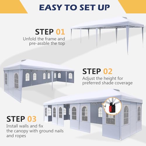 EROMMY 10x30 Heavy Duty Pop Up Canopy Tent with 8 Removable Sidewalls, Waterproof UV50+ Gazebo with Mosquito Netting, Easy Setup Instant Shelter for Backyard, Party, Wedding & Commercial Use, White - color: White, size: 10’x 30’