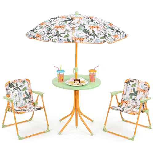 KOTEK Kids Picnic Table with Umbrella, Outdoor Table & 2 Folding Chairs, Cute Pattern Children’s Patio Furniture, Portable Kids Table and Chair Set for Backyard, Garden, Beach (Yellow Tiger) - color: Yellow Tiger