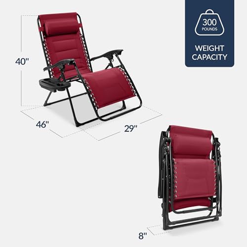 Best Choice Products Oversized Padded Zero Gravity Chair, Folding Outdoor Patio Recliner, XL Anti Gravity Lounger for Backyard w/Headrest, Cup Holder, Side Tray, Polyester Mesh - Burgundy - color: Burgundy