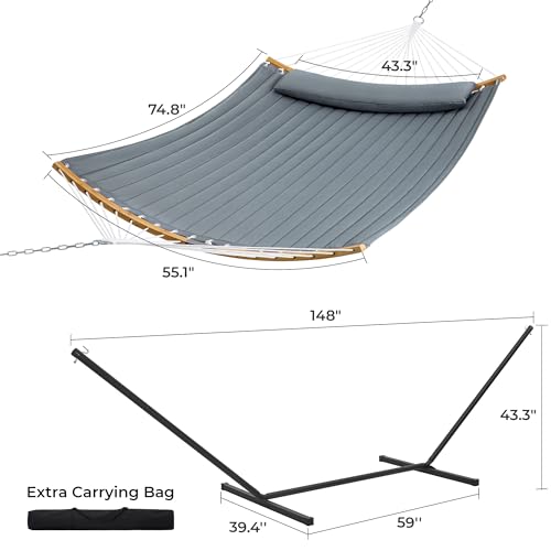 SUPERJARE Hammock with Stand, 2 Person Heavy Duty Hammock with Padded Cotton, Detachable Pillow & Strong Curved-Bar & Portable Carrying Bag, Perfect for Outdoor & Indoor, Neutral Gray - color: Neutral Gray