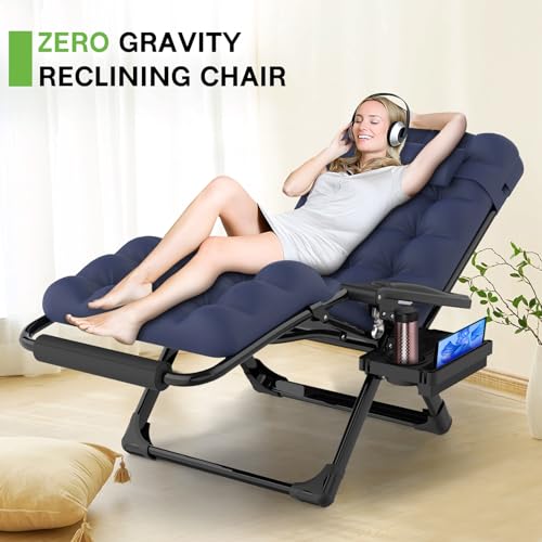 ZENPETIO 26In Zero Gravity Chair, Zero Gravity Recliner Lounge Chair for Indoor and Outdoor, Reclining Camping Chair for Lawn and Patio, Anti Gravity Chair w/Cushion, Cup Holder and Footrest, 440LBS - color: Blue