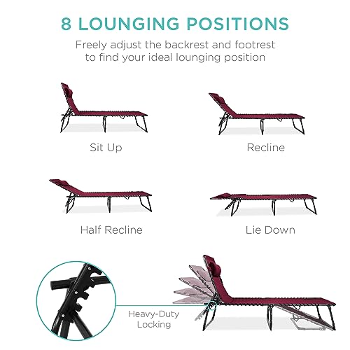 Best Choice Products Patio Chaise Lounge Chair, Portable Outdoor Folding Recliner for Lawn, w/ 8 Positions, Handles, 300lb Capacity - Wine Red - color: Wine Red