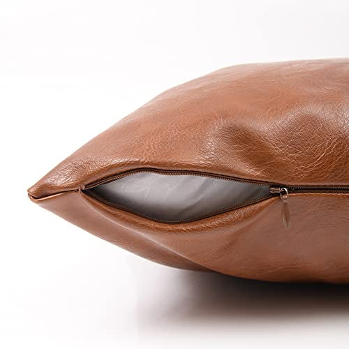 Fancy Homi 2 Packs Boho Brown Waterproof Faux Leather Decorative Throw Pillow Covers 18x18 Inch for Outdoor Couch Bed Sofa, Hand Stitched Accent Square Cushion Case, Rustic Modern Farmhouse Home Decor - color: Brown, size: 18" x 18" (Pack of 2)