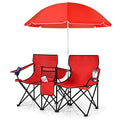 COSTWAY Double Portable Picnic Chairs, Folding Camping Chairs w/Detachable Umbrella, Cooler Bag, Cup Holders, Patio Beach Camping Chairs for Outdoors - color: Red