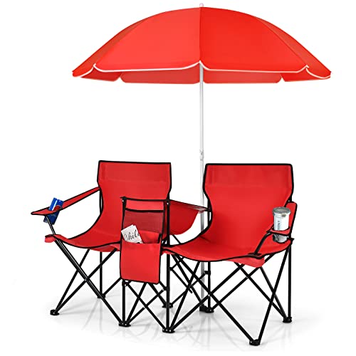 COSTWAY Double Portable Picnic Chairs, Folding Camping Chairs w/Detachable Umbrella, Cooler Bag, Cup Holders, Patio Beach Camping Chairs for Outdoors - color: Red