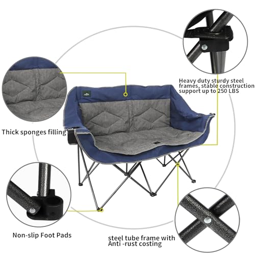 Northroad Folding Loveseat Camping Chair Portable Double Duo Full Padded Garden Chair for 2 Person Sofa w/2 Cup Holder,Wine Glass Holder,Support 600lbs for Picnic Beach Travel (Blue) - color: Blue