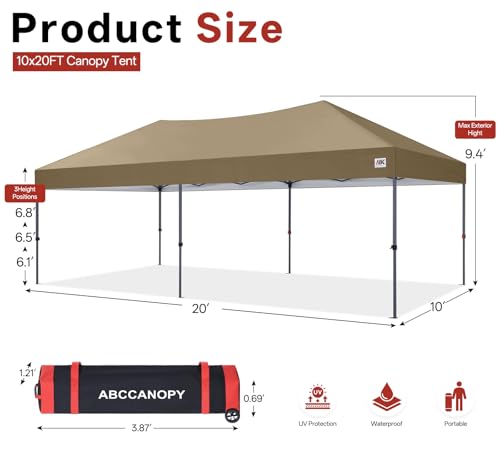 ABCCANOPY 10x20 Pop Up Canopy Tent, Easy Setup Instant Shelter with Wheeled Bag, Heavy Duty Outdoor Canopy for Beach, Market, Backyard, UV Protection, Outdoor Weather Protection (Khaki, 10x20) - color: Khaki, size: 10x20