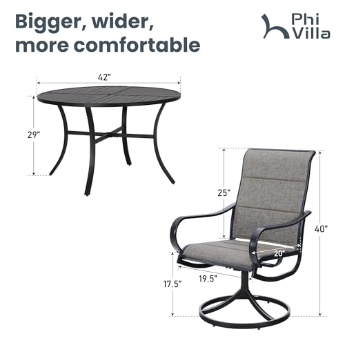 PHI VILLA Outdoor Patio Dining Set 5 Piece with 4 Padded Swivel Dining Chairs & 1 Large Round Dining Table, Textilene Mesh Fabric Chair and 42" Metal Table for All Weather - color: Brown Padded Fabric, size: 42"Dia x 28"H-Metal-5 Piece