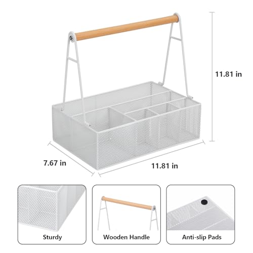 Paper Plate Organizer with Handle for Countertop, Metal Silverware Caddy for Cup, Napkin, Fork and Spoon, Paper Plate and Utensil Holder, Cutlery Caddy for Party, Camping, Picnic (White)