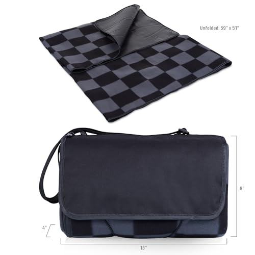 Picnic TIME Outdoor Picnic Blanket Tote, 59"x51" Foldable Beach & Camping Blanket with Soft Fleece, Water-Resistant Bottom, Adjustable Strap & Zippered Pocket (Black Checkers) - color: Black Checkers