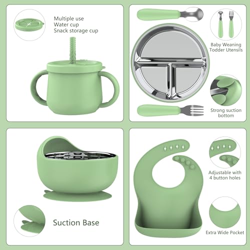 13 Pack Silicone Baby Feeding Set, BPA-Free Stainless Steel Toddler Feeding Supplies, Include Suction Plates, Baby Bowls, Silicone Fork & Spoon, and More, First Stage Baby Dish Set - 6+ Months - color: Green