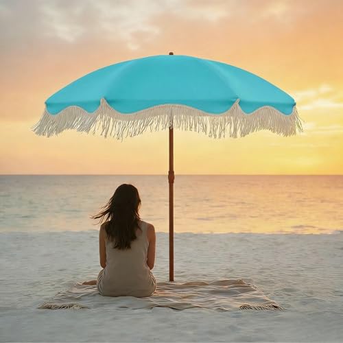 7ft Patio Umbrella with Fringe, Boho Beach Umbrellas, Outdoor Tassels Umbrellas with Push Button Tilt & Carrying Bag, 8 Windproof Fiberglass Ribs, UPF50+ - color: Light Blue