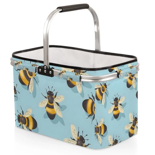 Picnic Basket, MARYHFENVA Shopping Basket with Handle 40L Collapsible Grocery Basket Portable Folding Laudry Basket for Travel Camping Reusable Market Bag - color: Bee(style 4)