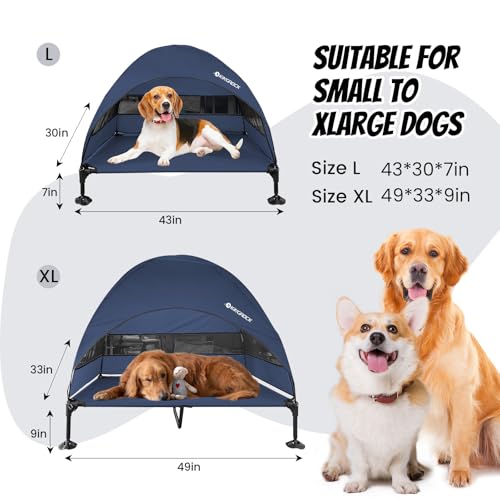 KINGROCK Elevated Dog Bed with Removable Canopy Portable Outdoor Pet Cot Waterproof 600D Oxford Fabric Anti Slip Feet for Large Dogs Camping Beach Indoor and Outdoor Use - color: Navy, size: 42.5"L x 30"W x 33"Th