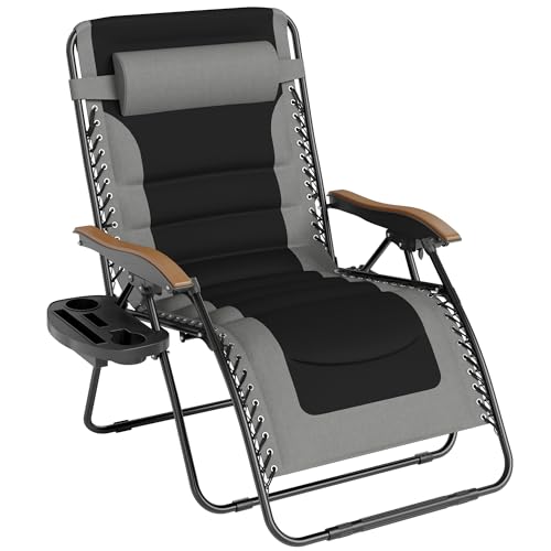 PHI VILLA XXL Oversized Padded Zero Gravity Chair, Foldable Patio Recliner, 30" Wide Seat Anti Gravity Lounger with Cup Holder, Support 400 LBS (Gray) - color: Grey, style: 1 Pcs