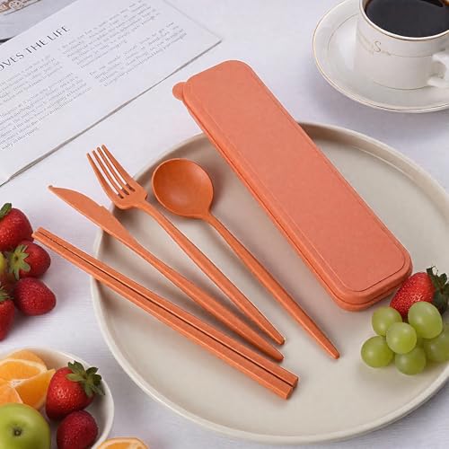 6 Sets Wheat Straw Travel Utensils Set, Reusable Cutlery with Case, Portable Camping Flatware Spoon Fork Knife for Lunch, Picnic & Office