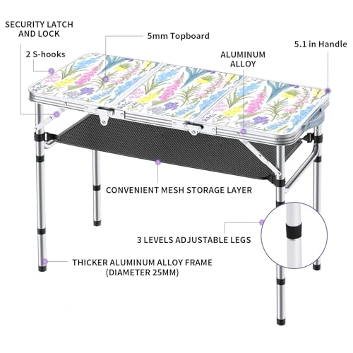 Yriuat Folding Camping Table 3ft Portable Pinic Table Adjustable Height Small Card Table Aluminum Foldable Lightweight with Carry Handle for Outdoor Indoor Hiking Camp BBQ Beach (Blooming Floral) - color: Blooming Floral, size: 35"l X 16"w X 27"h