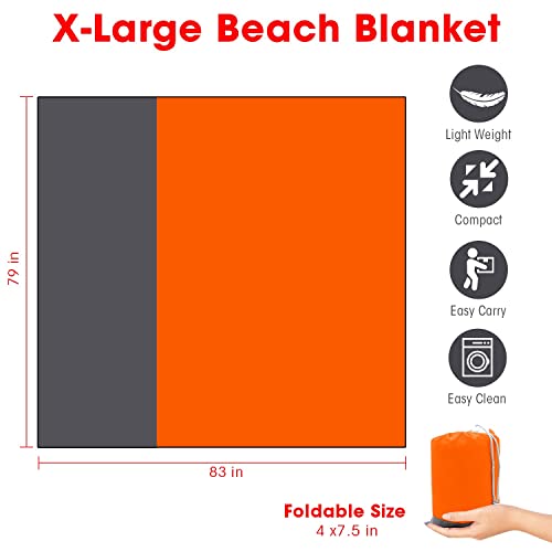 Beach Blanket XL Fast Drying Durable Lightweight Compact Outdoor Mat 83"x 79" - Sandproof Waterproof Picnic Mat for Travel, Camping, Hiking (Orange) - color: Orange